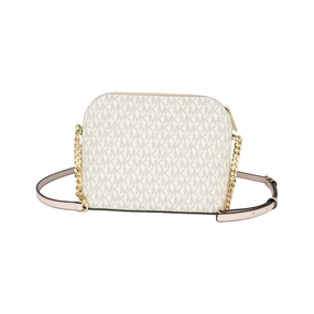 Michael Kors Jet Set Travel Medium Leather X Cross Dome Crossbody Handbag (Vanilla Signature/Powder Women's Blush)