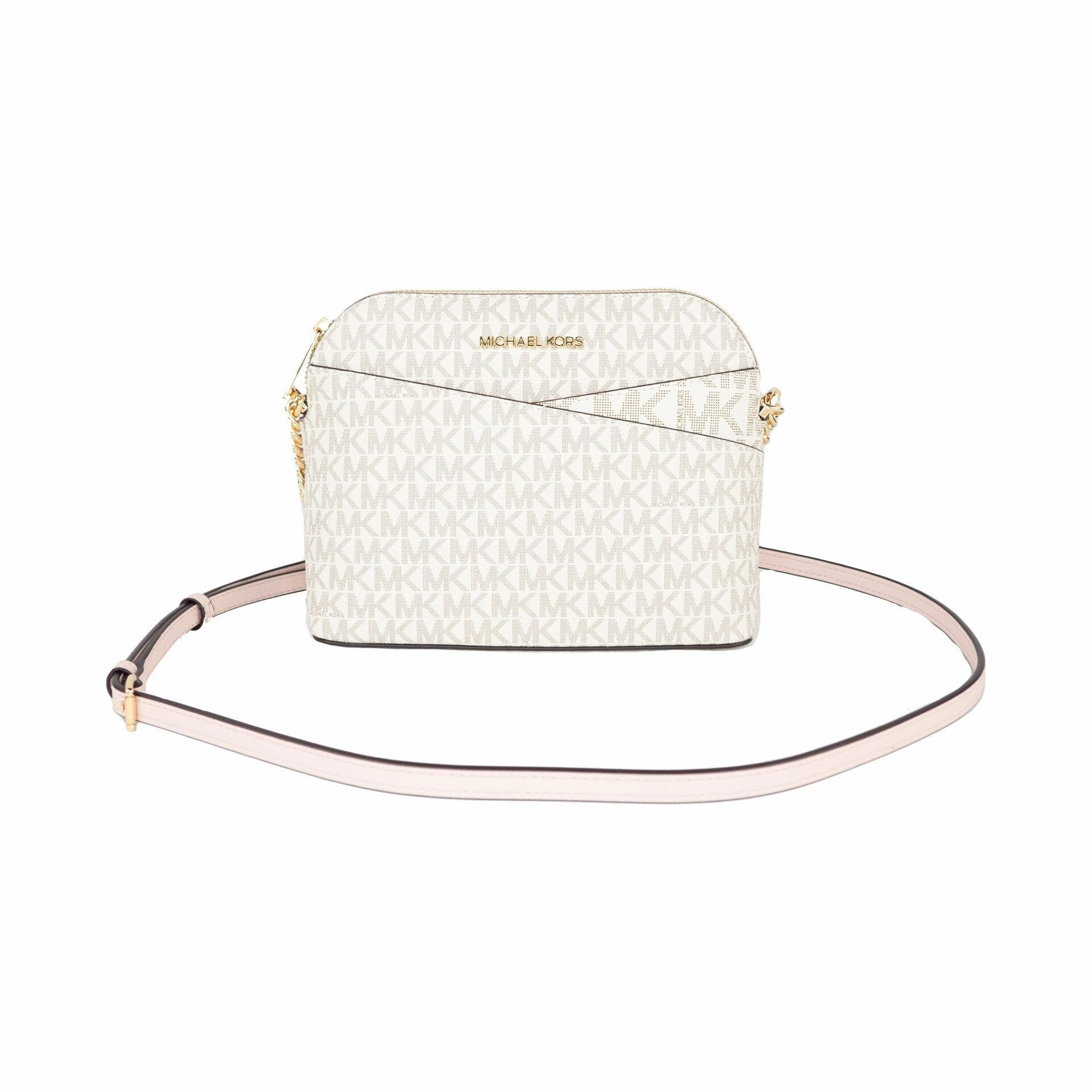 Michael Kors Jet Set Travel Medium Leather X Cross Dome Crossbody Handbag (Vanilla Signature/Powder Women's Blush)