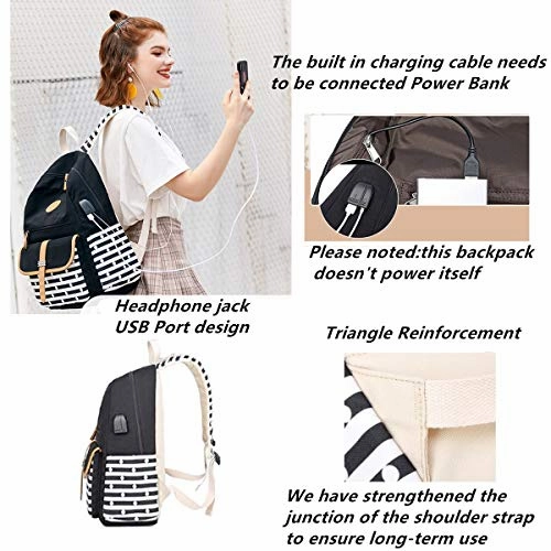 MITOWERMI Canvas Backpack Set Girls Bookbags Set 3 in 1 College Laptop Backpack Striped Prints with Lunch bag(Black)