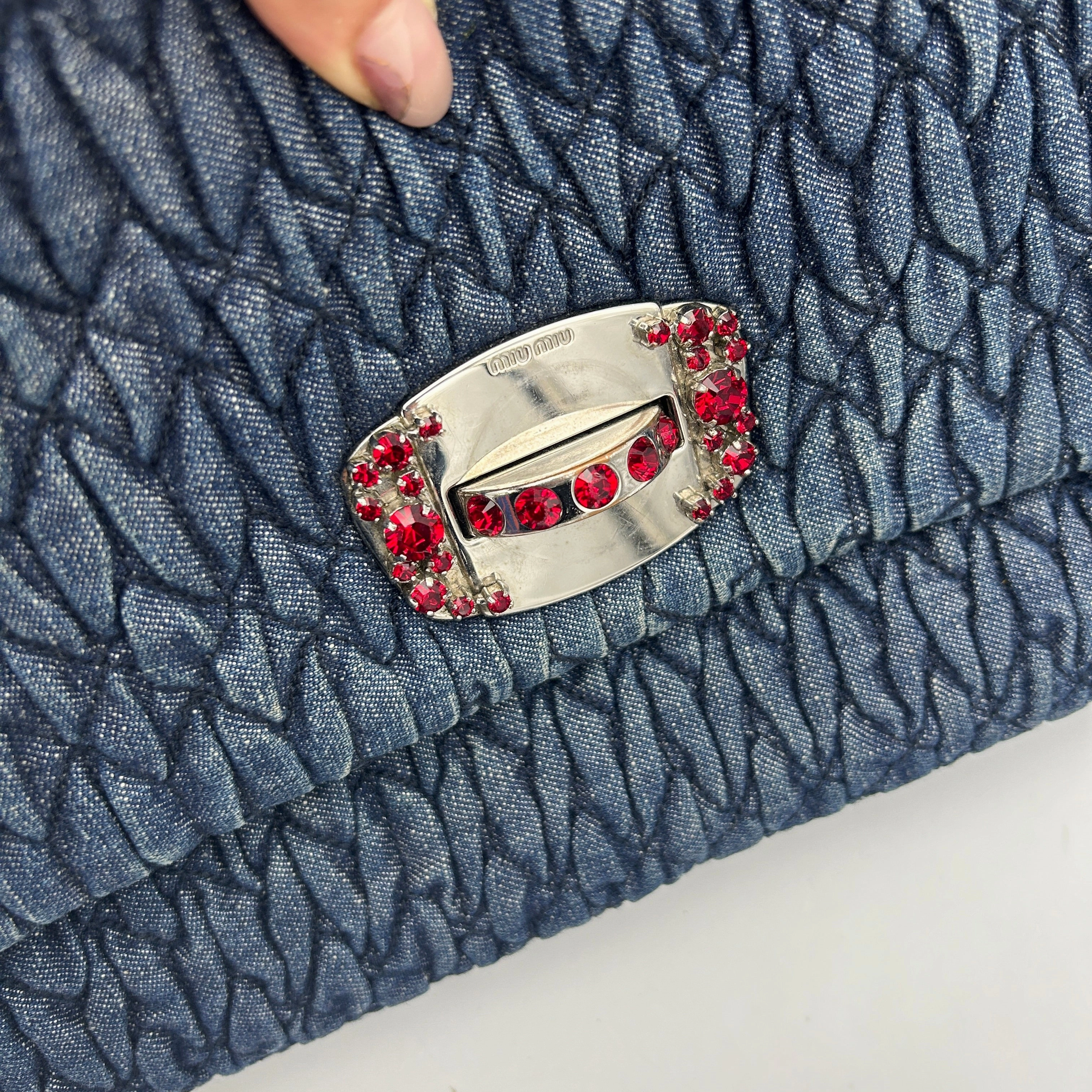 Miu Miu Blue Matelass Denim Leather Crystal Shoulder Bag