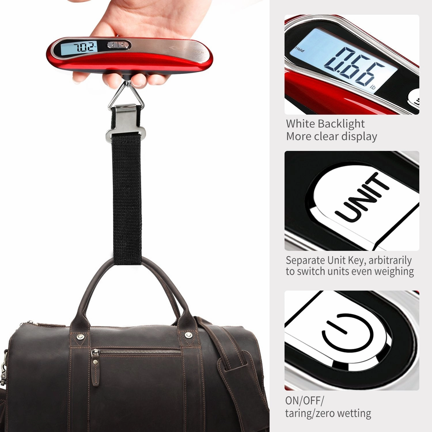MYCARBON Digital Luggage Scale, Luggage Scale Travel Digital, 110 lbs Hanging Luggage Scale with Hook, Portable Suitcase Luggage Weight Scale with Backlit LCD Display Convertible Weight Units Red