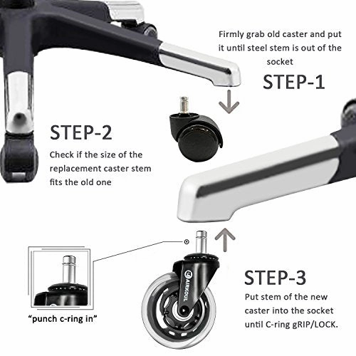 Office Chair Caster Wheels,Airkoul 5Pcs 3 Inches PU Replacements Wheels Universal Fit Safe for
