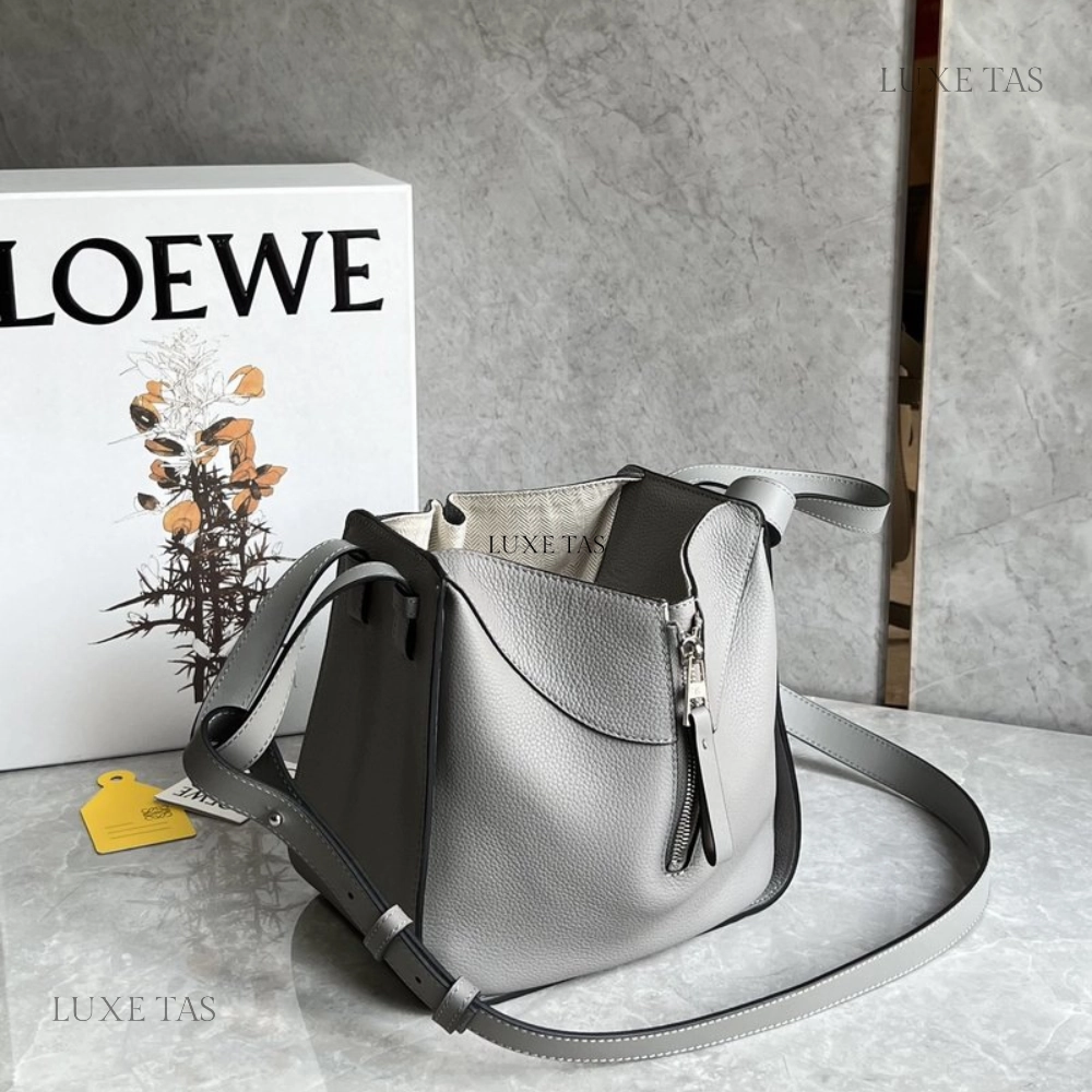 Pearl Grey Compact Hammock Bag In Soft Grained Calfskin Leather Crossbody Bag for Women