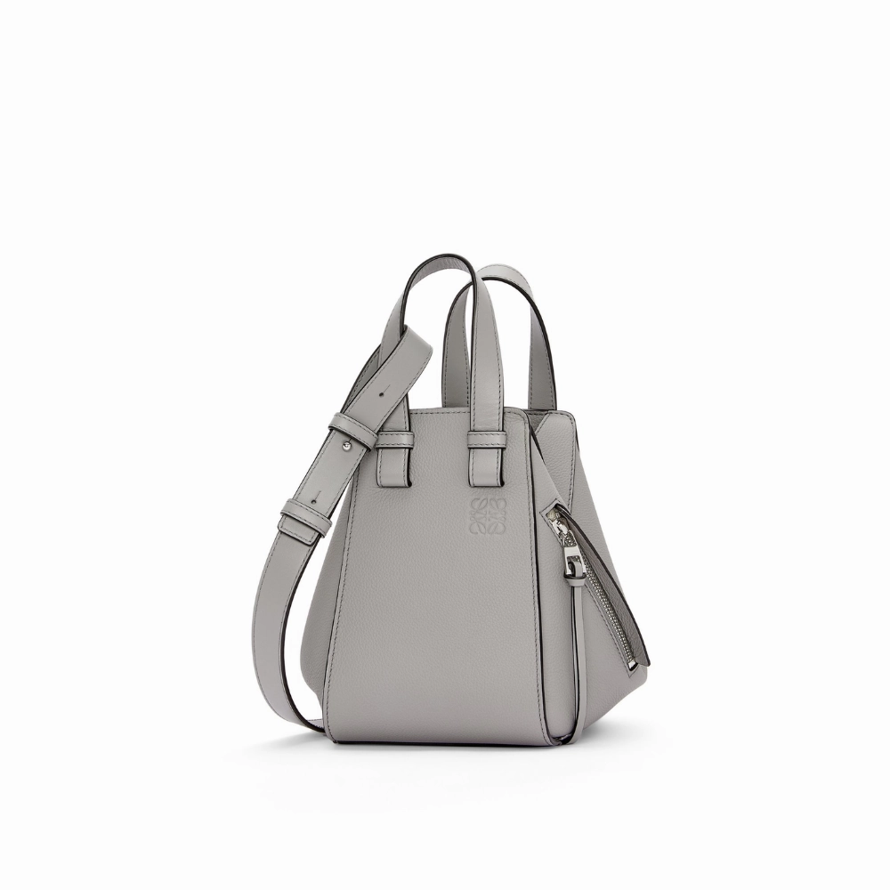 Pearl Grey Compact Hammock Bag In Soft Grained Calfskin Leather Crossbody Bag for Women