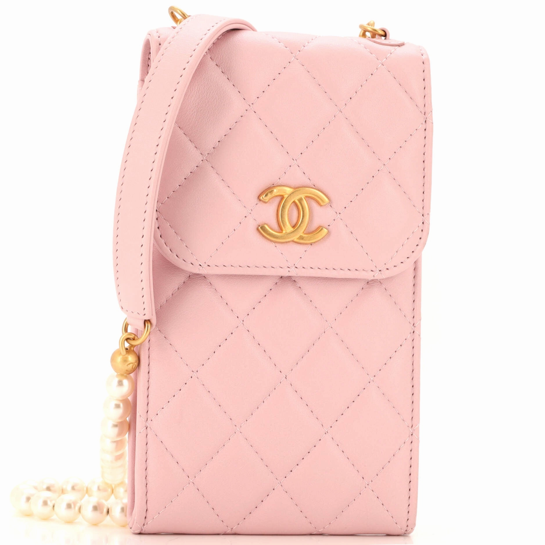 Pearl Strap Phone Holder Crossbody Bag Quilted Lambskin