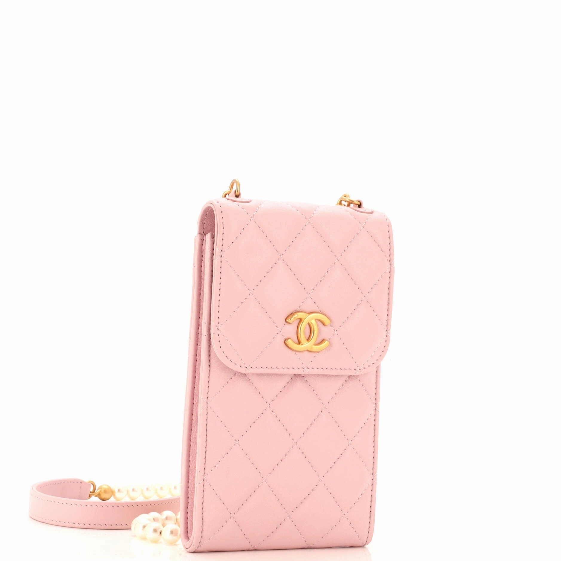 Pearl Strap Phone Holder Crossbody Bag Quilted Lambskin