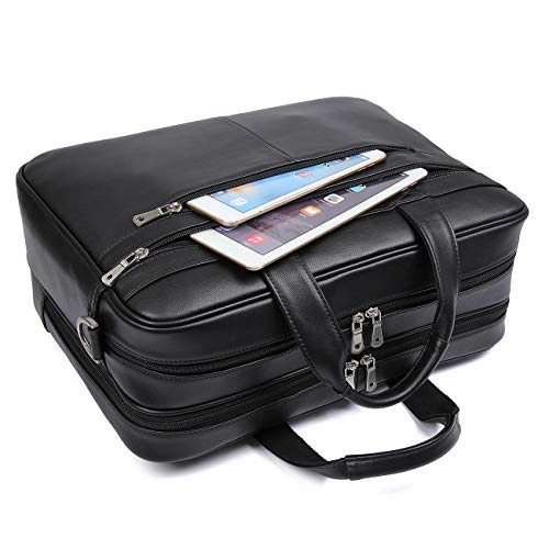 Polare Real Soft Nappa Leather 17" Laptop Case Professional Briefcase Business Bag For Men (Black)