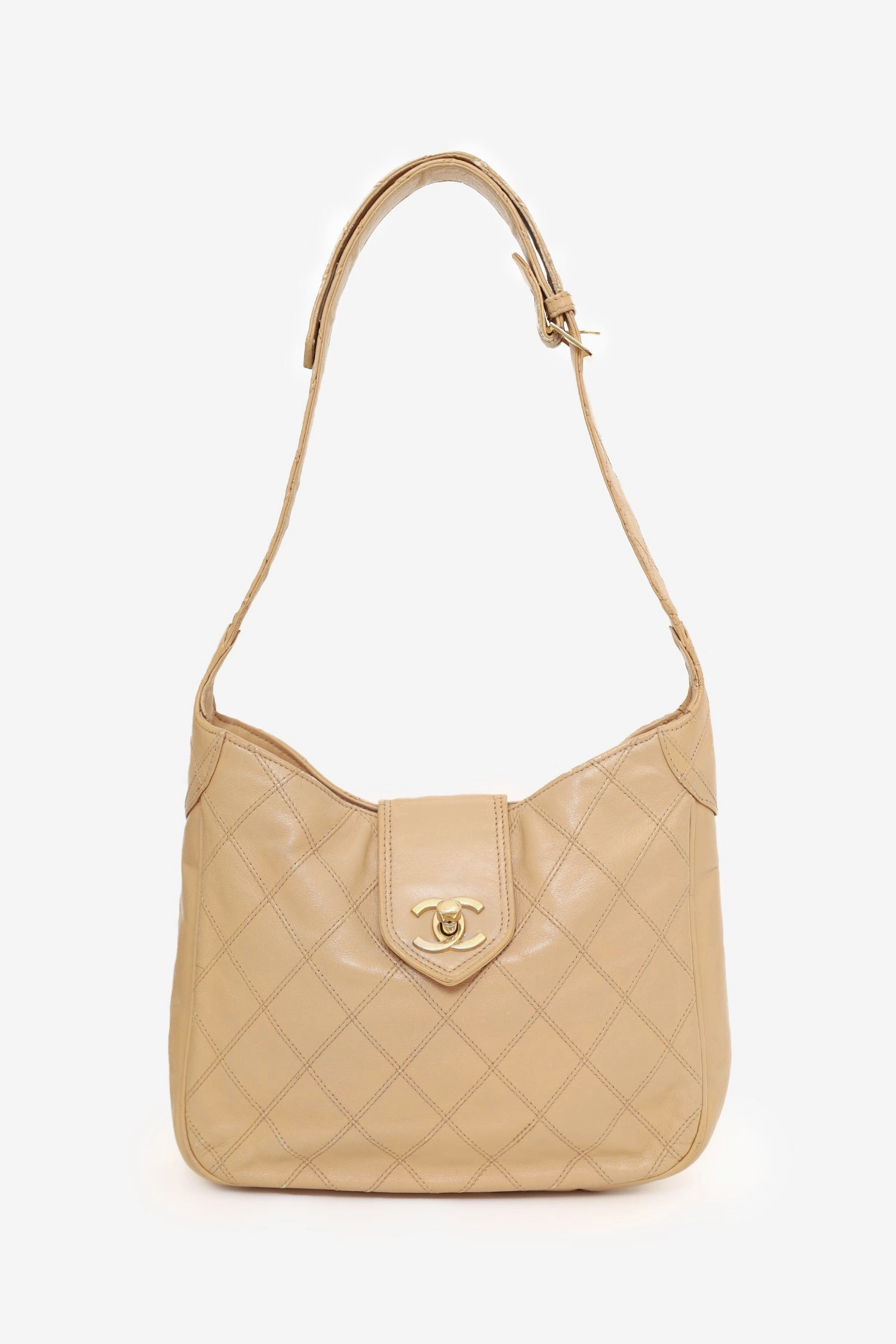 Pre-Loved Chanel 1986-88 Beige Quilted Lambskin CC Hobo Shoulder Bag with Pouch