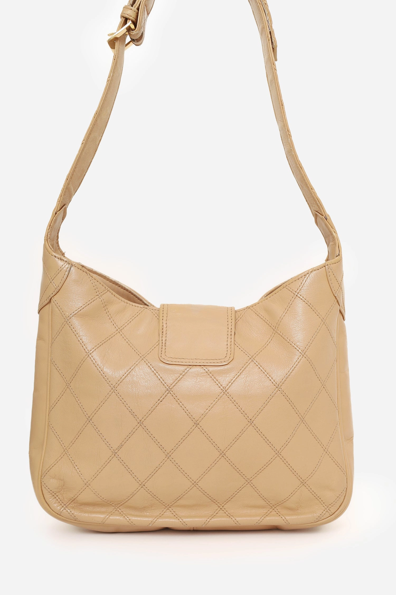 Pre-Loved Chanel 1986-88 Beige Quilted Lambskin CC Hobo Shoulder Bag with Pouch