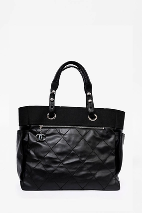 Pre-Loved Chanel 2012 Black Leather/Canvas 'Paris Biarritz' Tote Bag