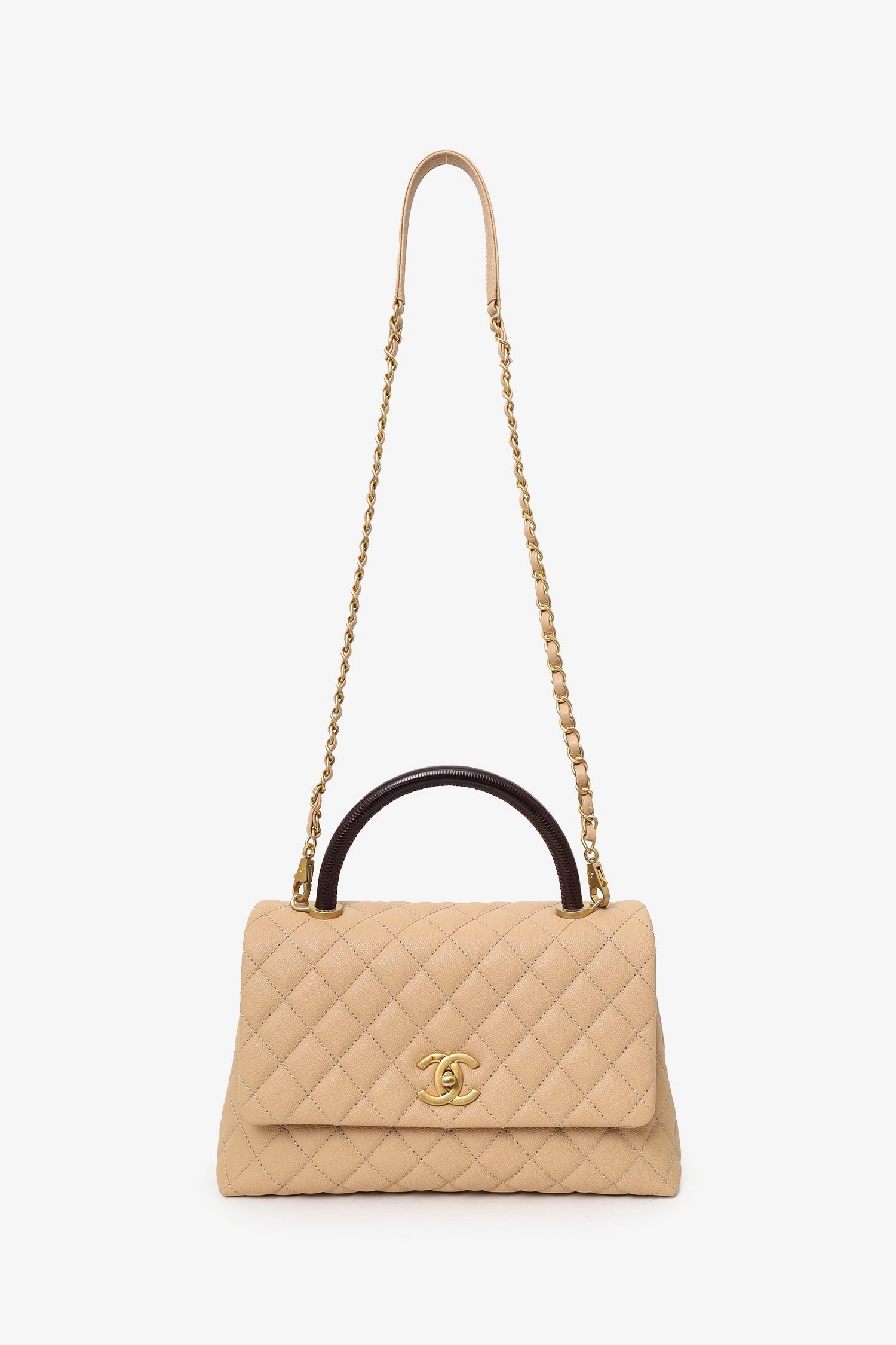 Pre-Loved Chanel 2019-20 Beige Caviar Leather Small Coco Handle with Strap