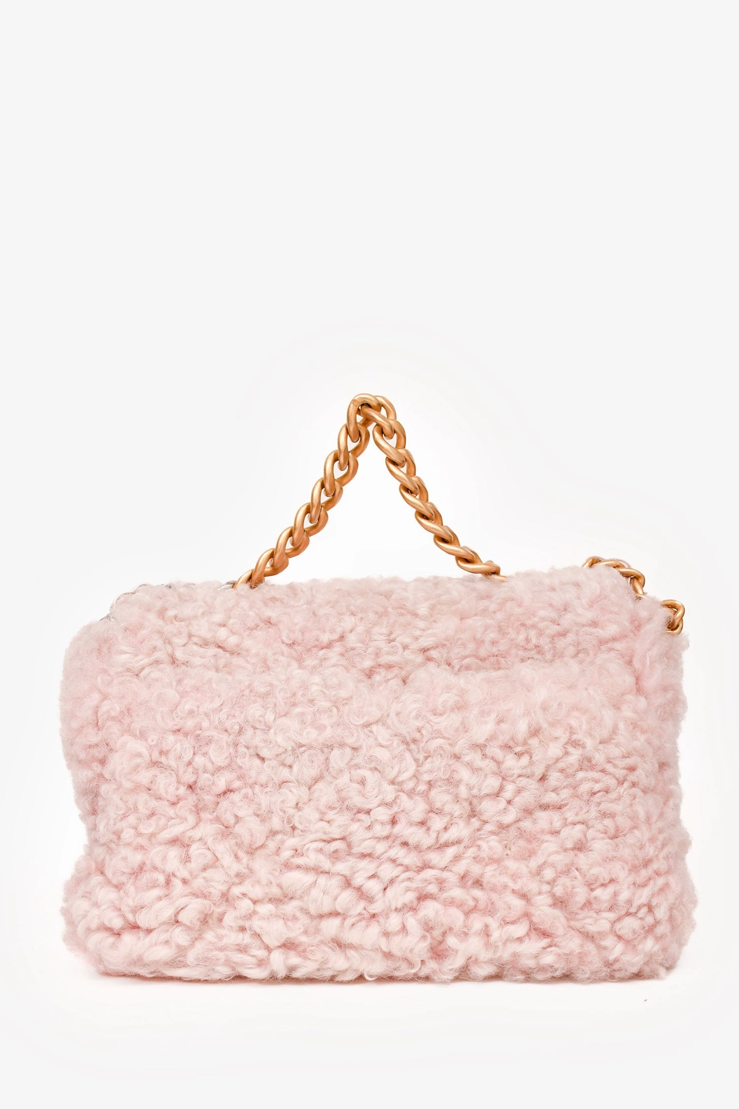 Pre-Loved Chanel 2021 Pink Shearling \'Chanel 19\' Medium Flap Shoulder Bag