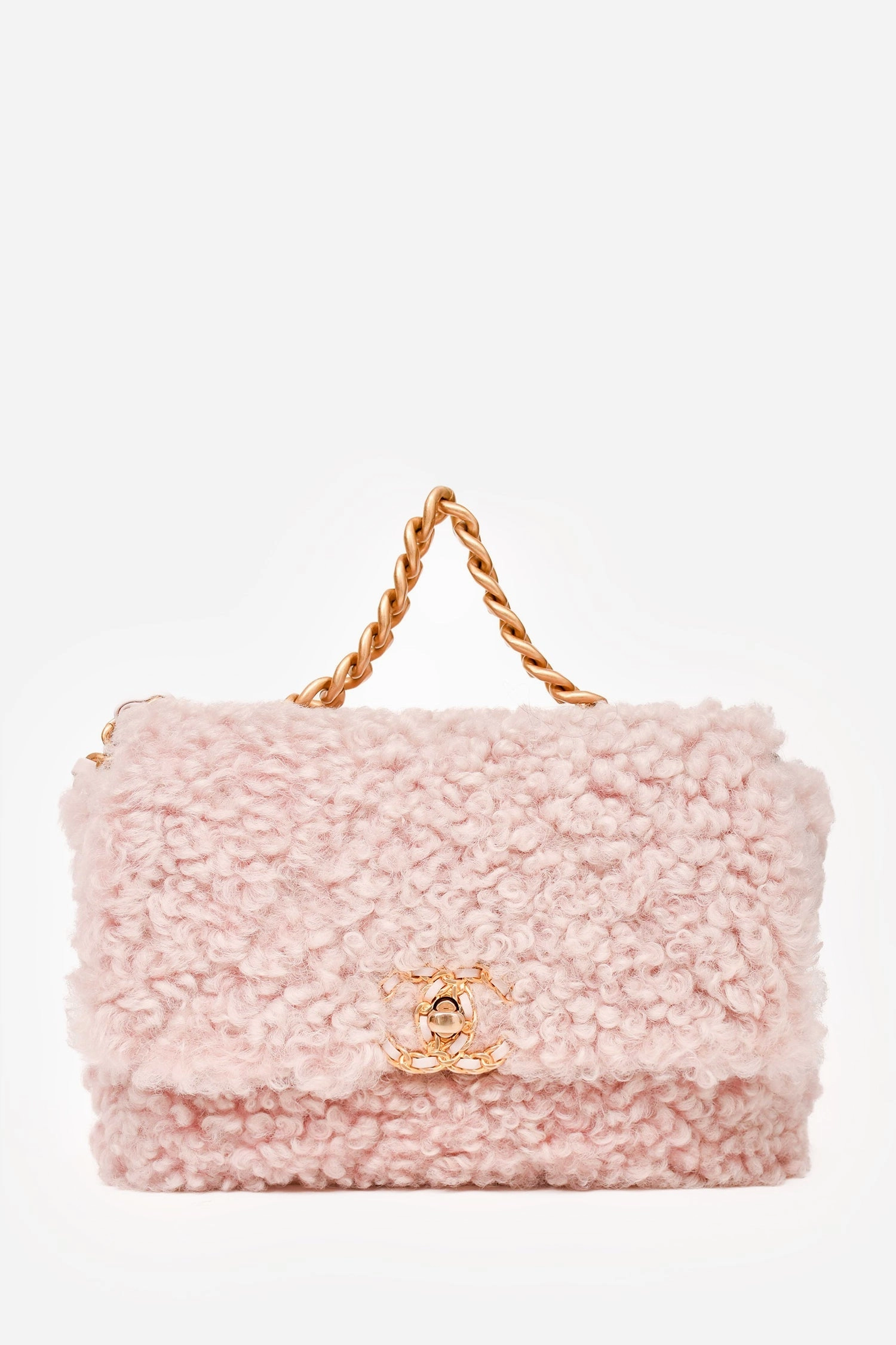 Pre-Loved Chanel 2021 Pink Shearling \'Chanel 19\' Medium Flap Shoulder Bag