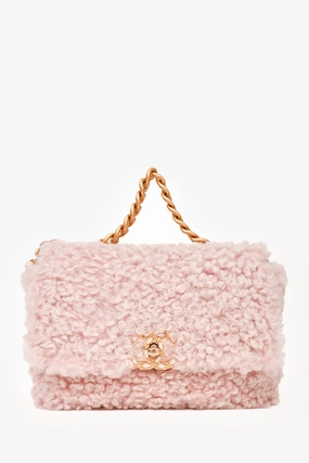 Pre-Loved Chanel 2021 Pink Shearling \'Chanel 19\' Medium Flap Shoulder Bag