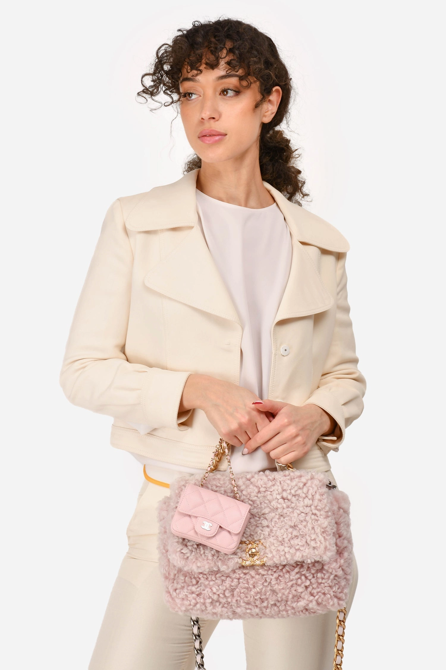 Pre-Loved Chanel 2021 Pink Shearling \'Chanel 19\' Medium Flap Shoulder Bag