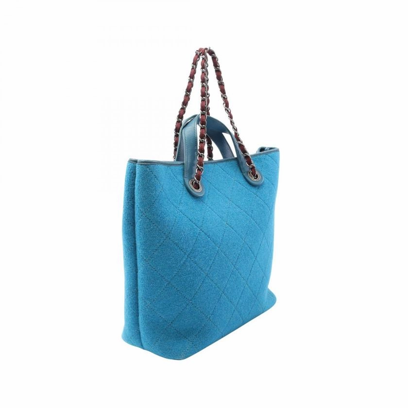 Pre-loved CHANEL Matelasse Shoulder Bag Tote Wool Leather Turquoise Blue Antique Silver Hardware 2WAY