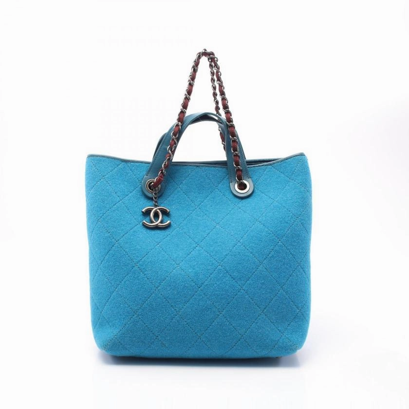 Pre-loved CHANEL Matelasse Shoulder Bag Tote Wool Leather Turquoise Blue Antique Silver Hardware 2WAY