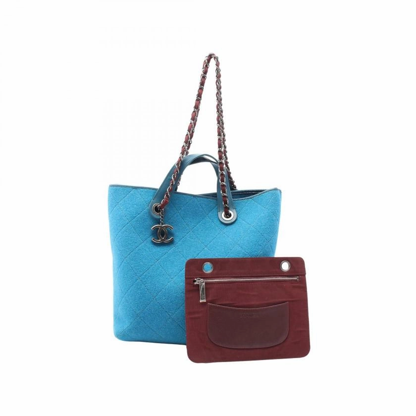 Pre-loved CHANEL Matelasse Shoulder Bag Tote Wool Leather Turquoise Blue Antique Silver Hardware 2WAY