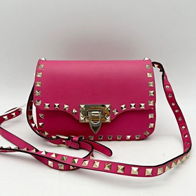 Pre- VALENTINO GARAVANI Vitello Mini Rockstud Flap Saddle Crossbody Bag Fuxia  LA9979