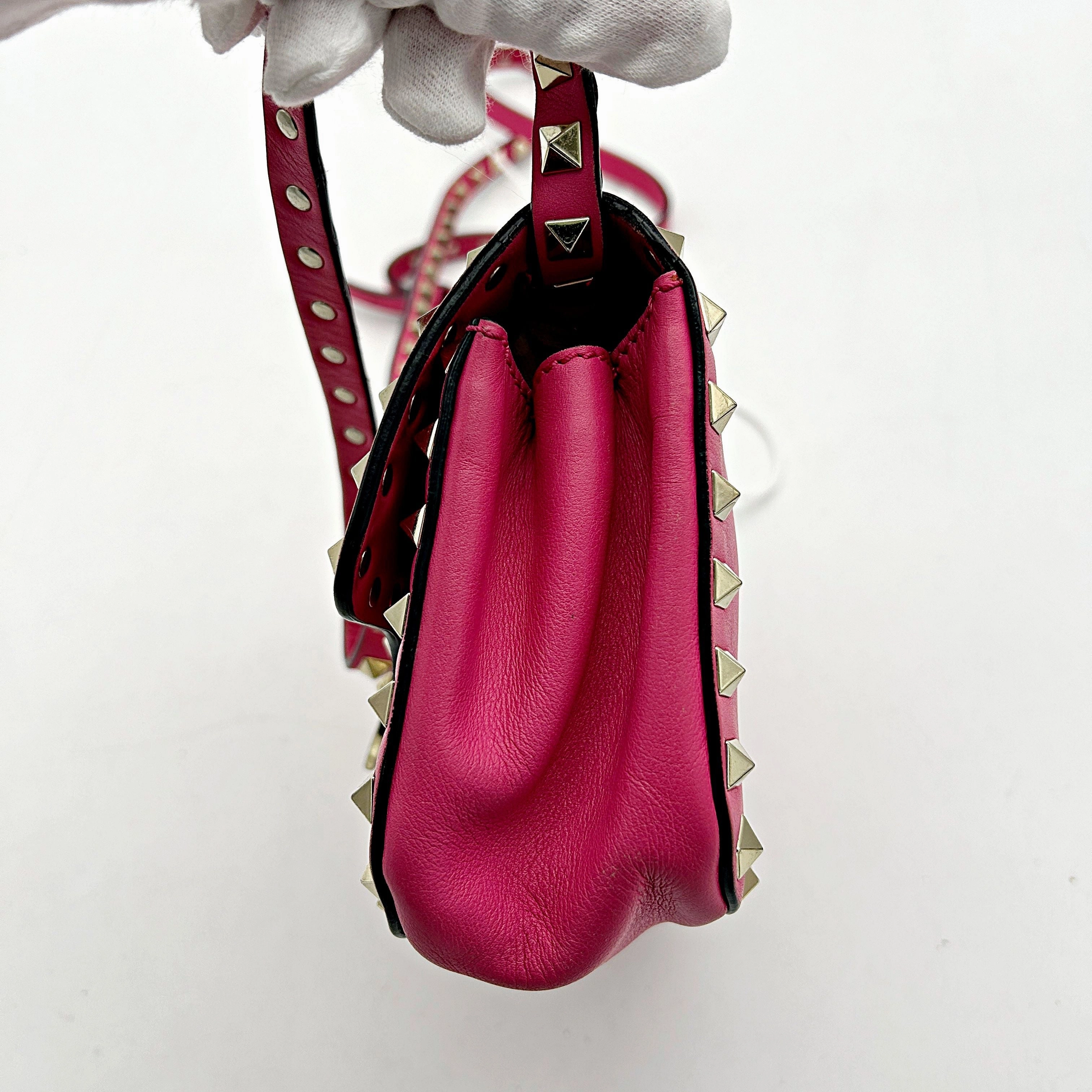Pre- VALENTINO GARAVANI Vitello Mini Rockstud Flap Saddle Crossbody Bag Fuxia  LA9979