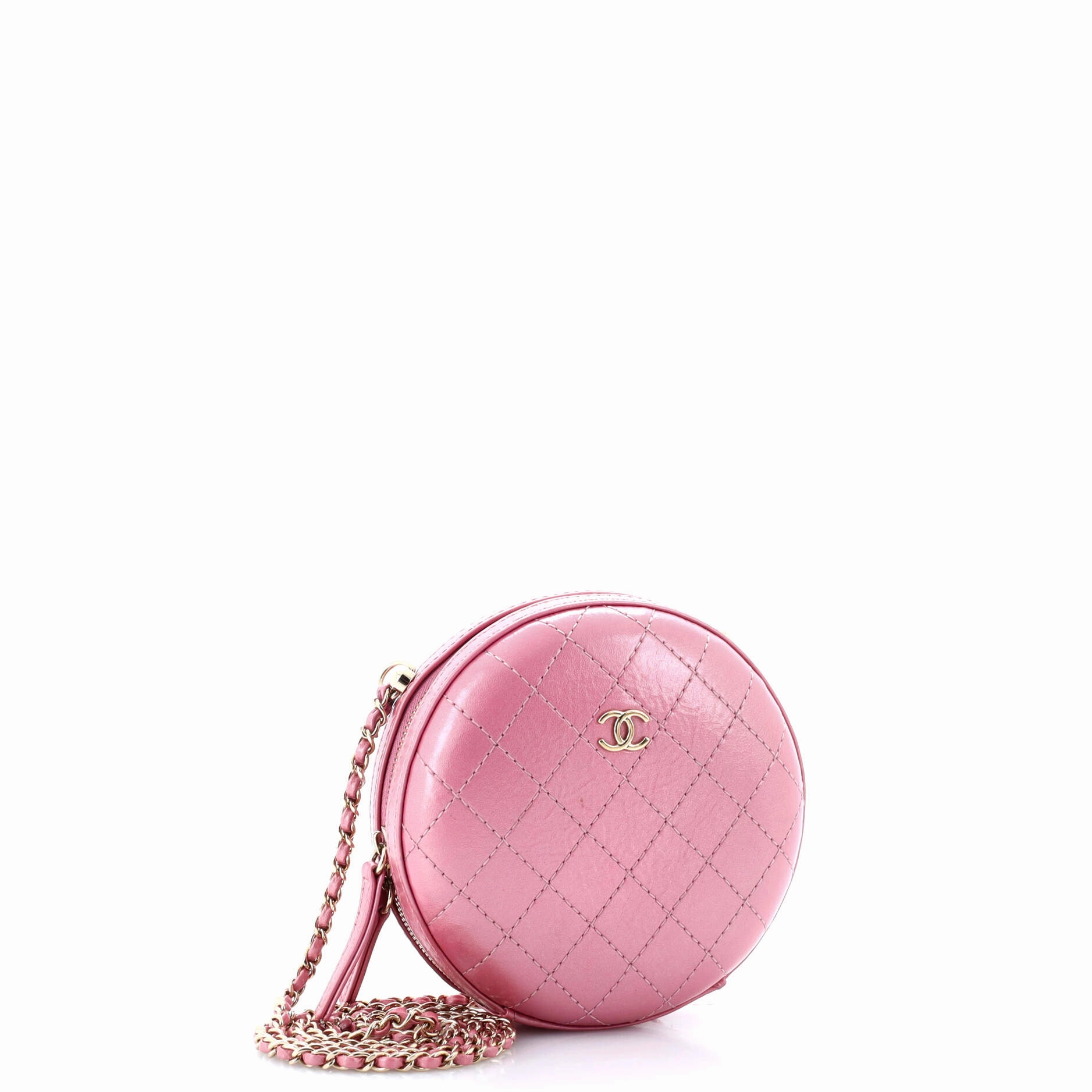 Round Chain Crossbody Bag Stitched Calfskin Small