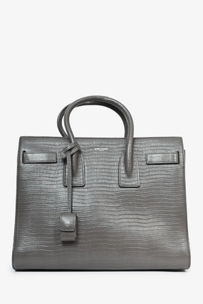 Saint Laurent Grey Croc Embossed Small Sac de Jour Top Handle with Strap