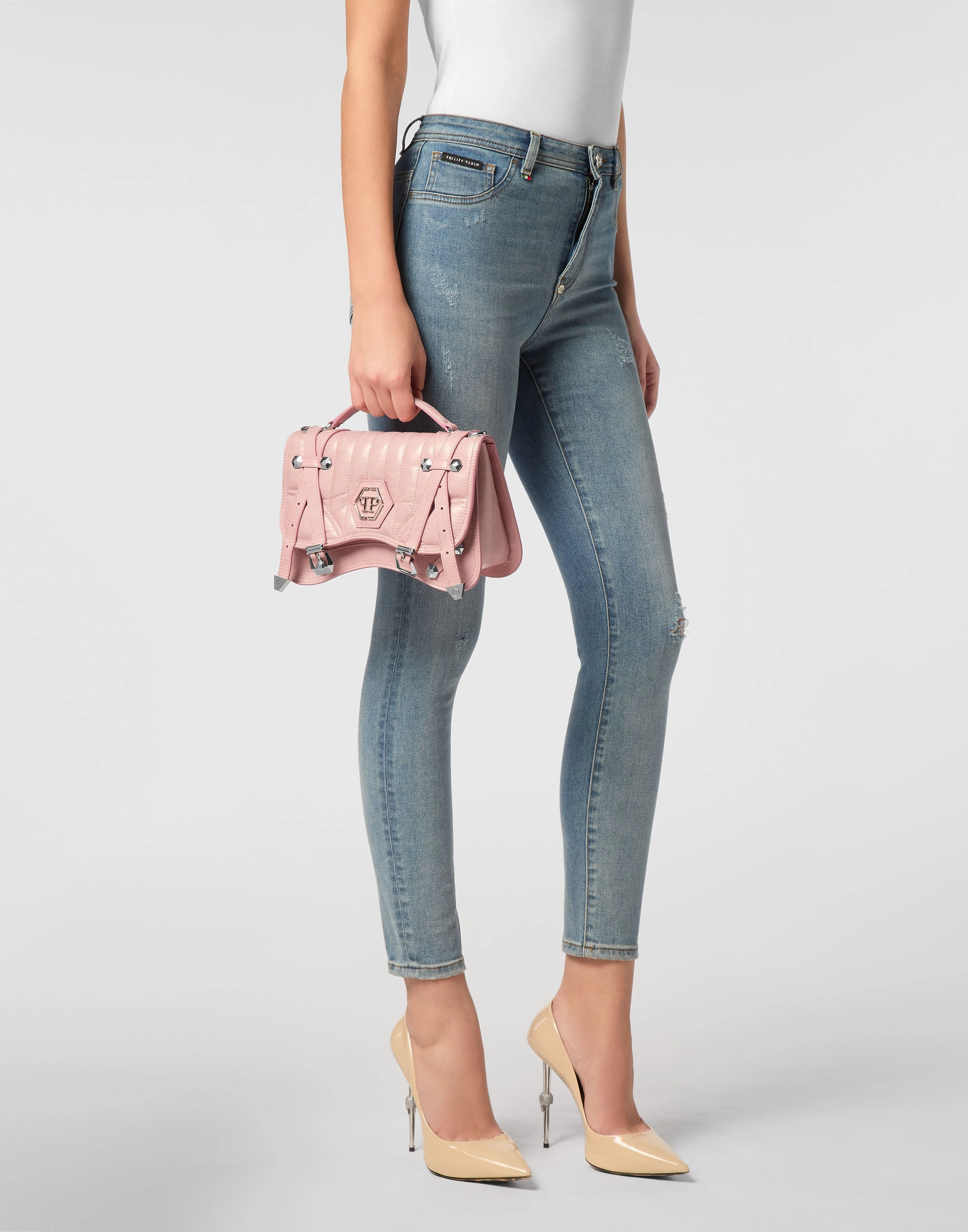 Shiny Crackle Leather Belt Handle Bag Medium Hexagon