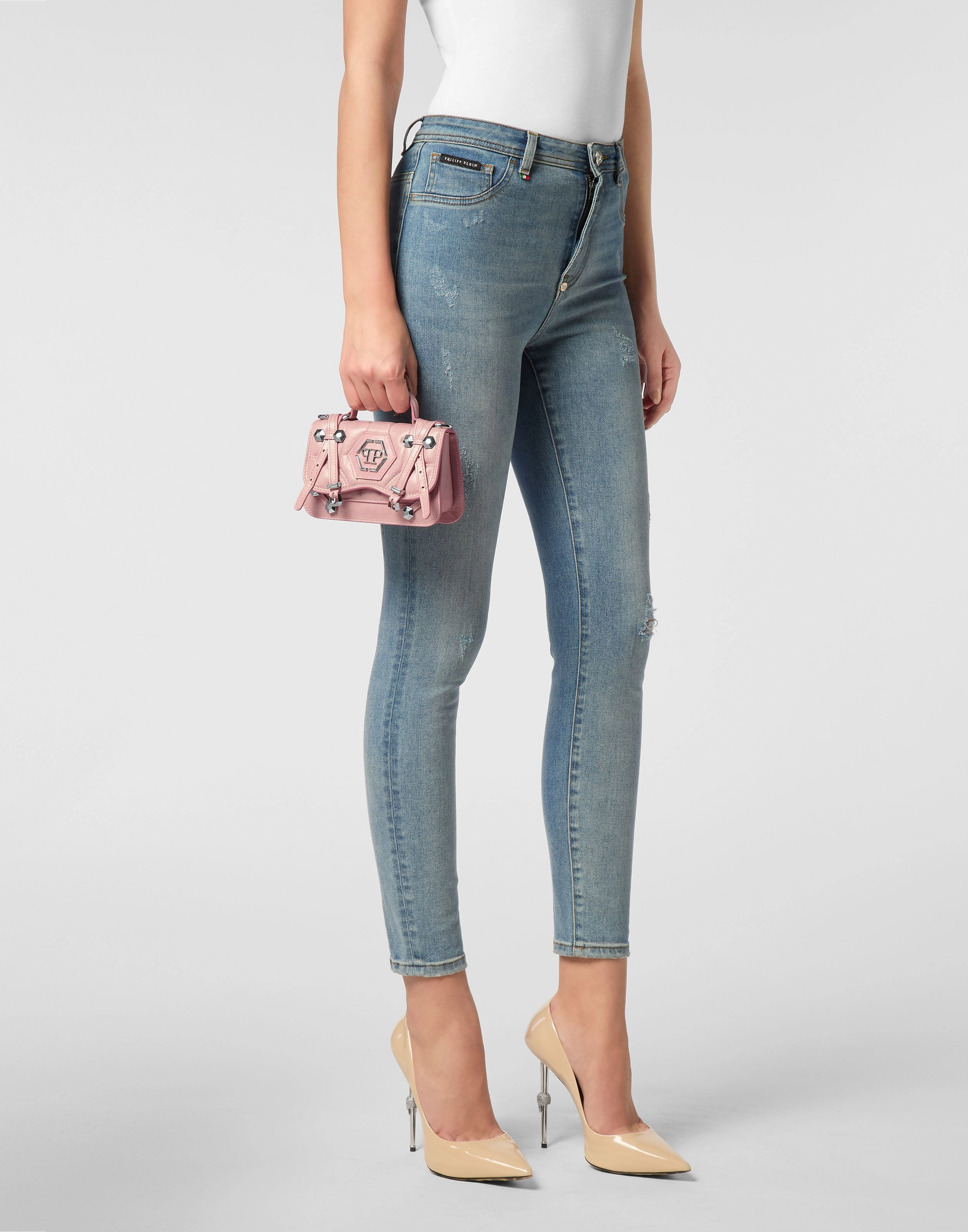 Shiny Crackle Leather Belt Handle Bag Small Hexagon