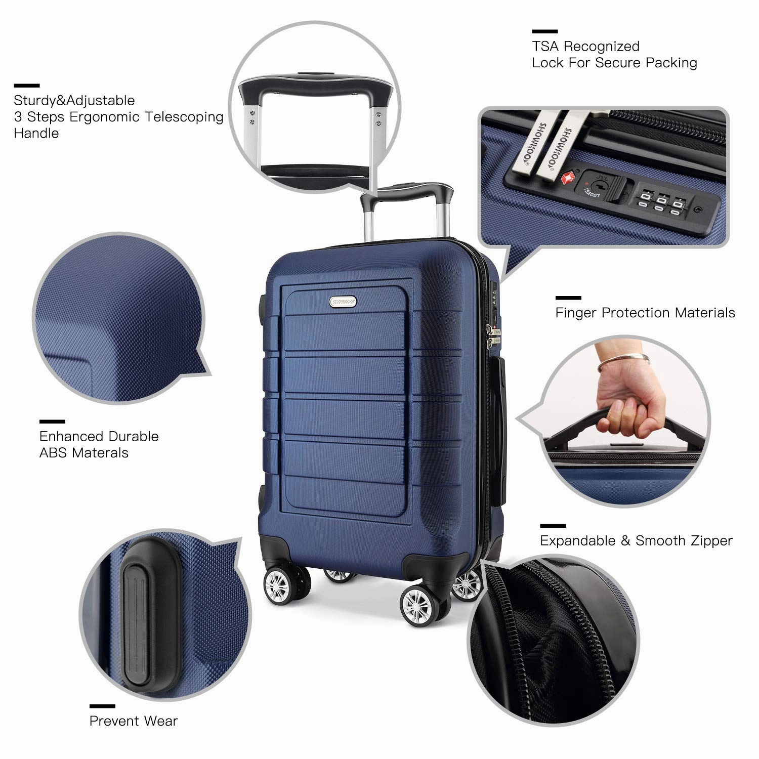 SHOWKOO Luggage Sets Expandable PC ABS Durable Suitcase Double Wheels TSA Lock Blue