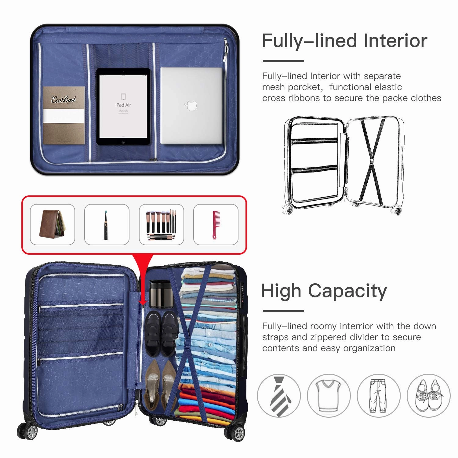 SHOWKOO Luggage Sets Expandable PC ABS Durable Suitcase Double Wheels TSA Lock Blue