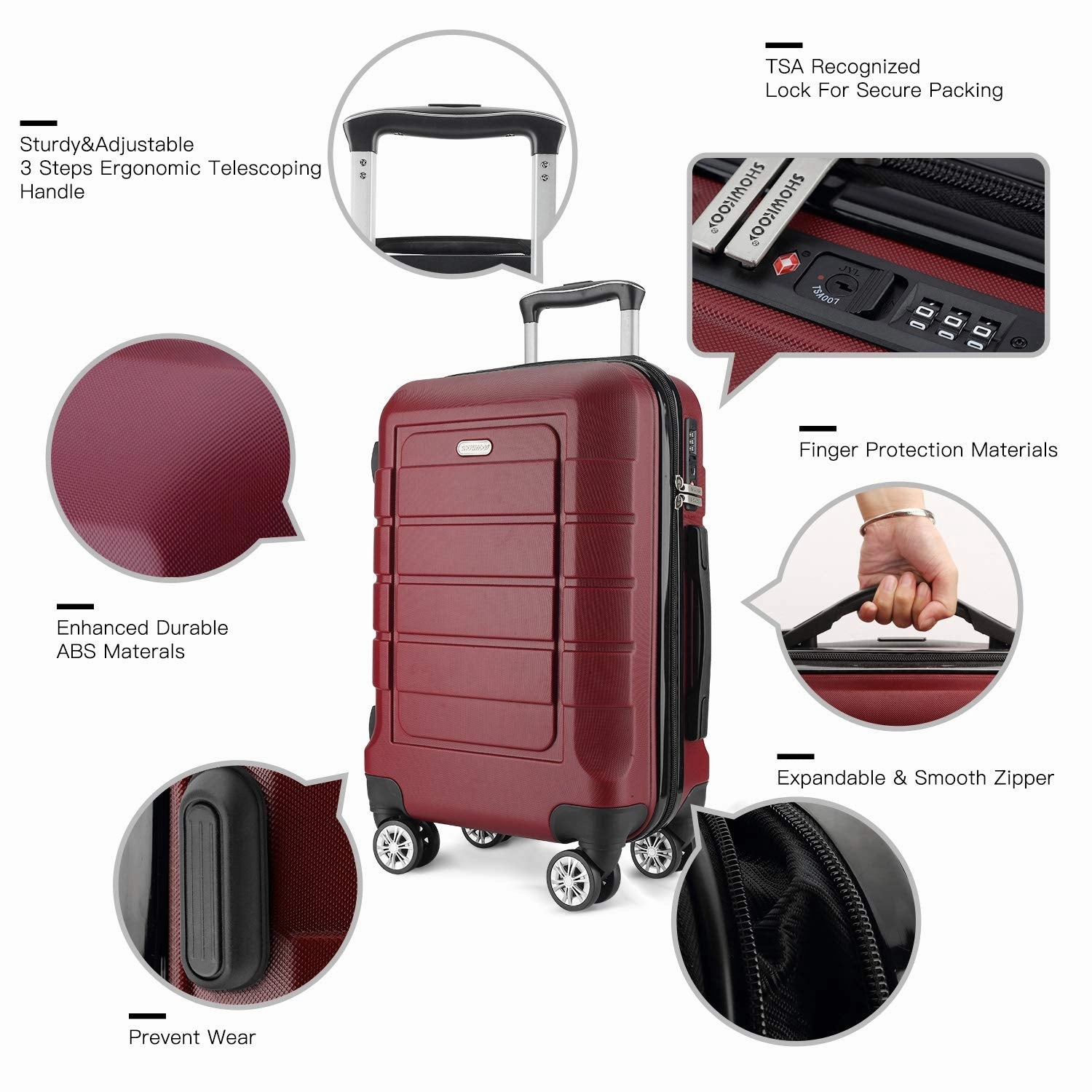 SHOWKOO Luggage Sets Expandable PC ABS Durable Suitcase Double Wheels TSA Lock Red Wine