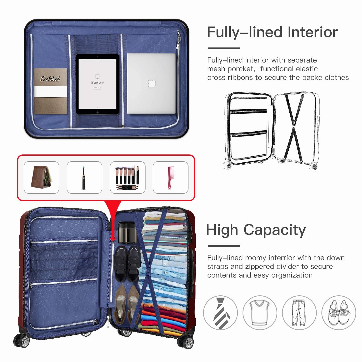 SHOWKOO Luggage Sets Expandable PC ABS Durable Suitcase Double Wheels TSA Lock Red Wine