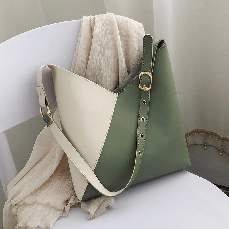 Splicing Contrast PU Leather Bucket Bags For Women 2019 Summer Crossbody Bags Lady Shoulder Messenger Bag Female Travel Handbags