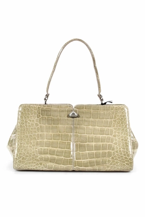 Tardini Alligator Embossed Silver Tone Shoulder Satchel Bag Green