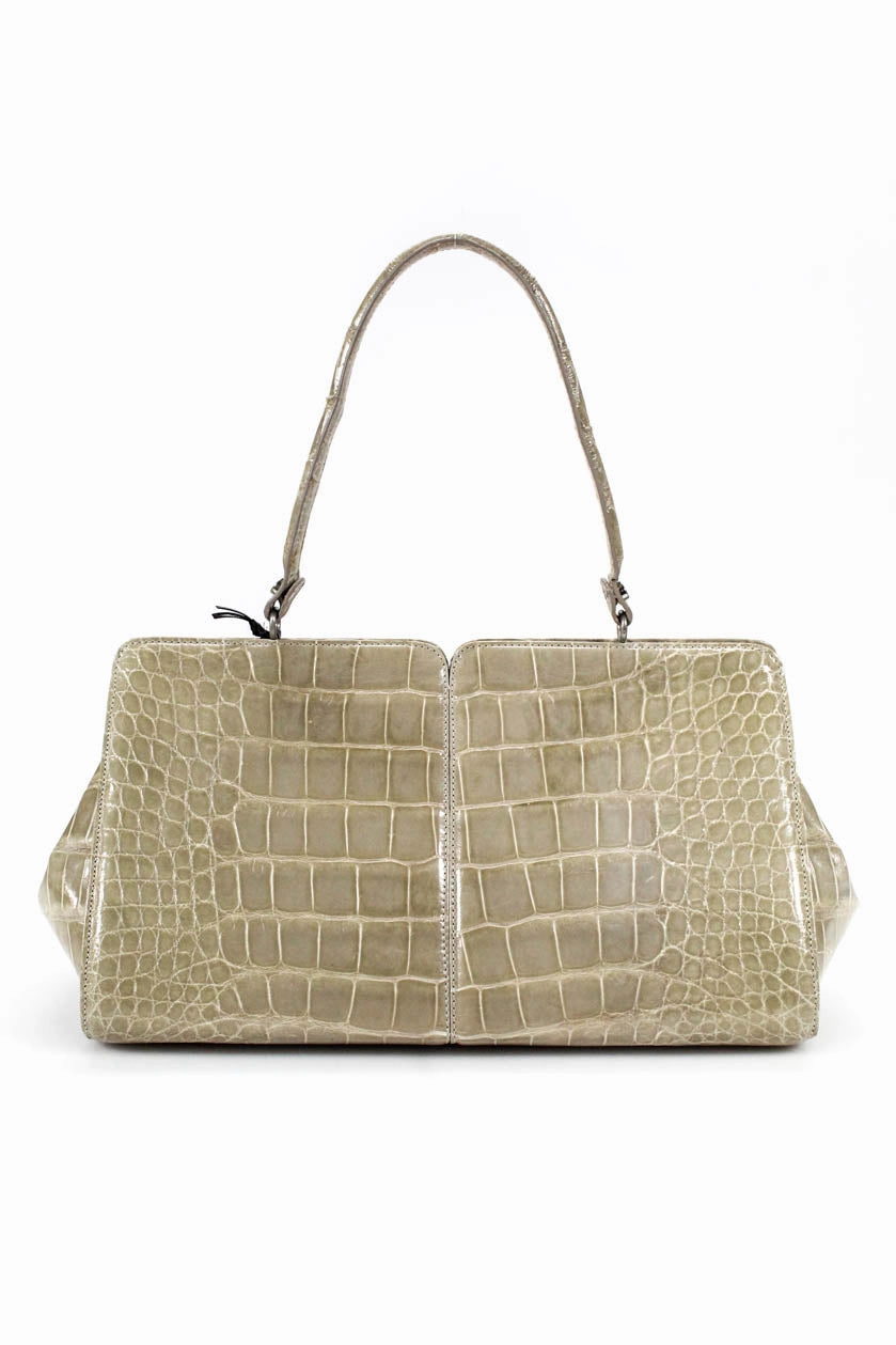 Tardini Alligator Embossed Silver Tone Shoulder Satchel Bag Green