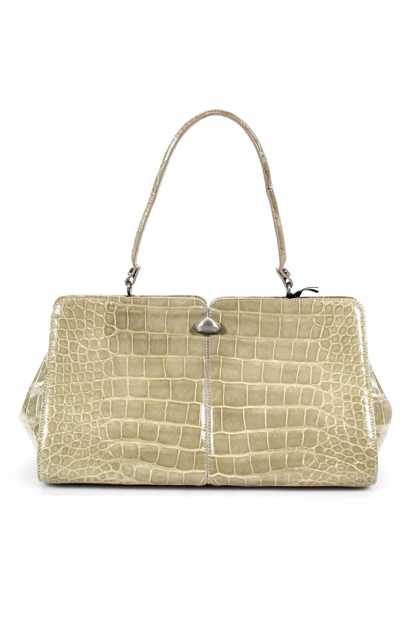 Tardini Alligator Embossed Silver Tone Shoulder Satchel Bag Green