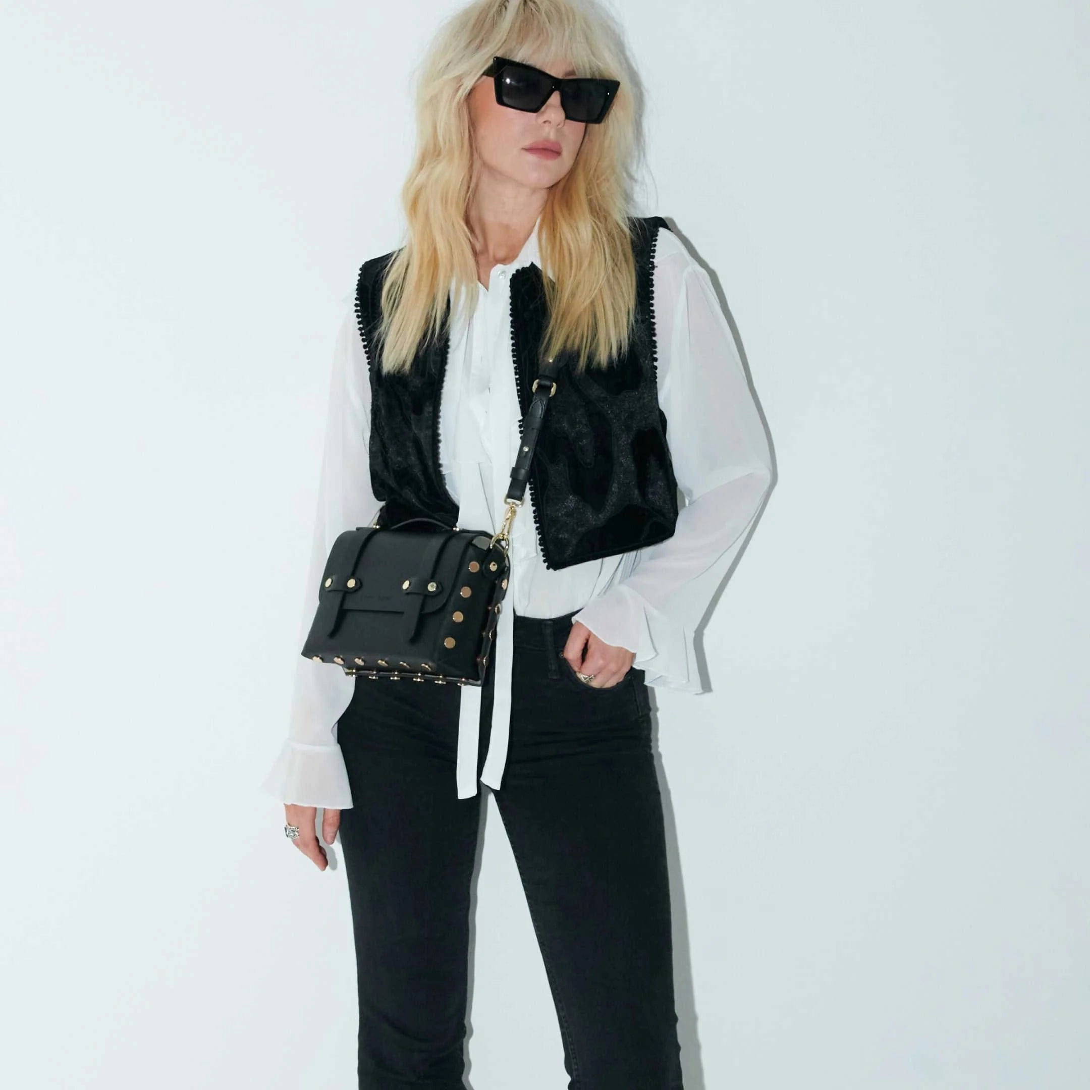 The WEEK/END Cactus Leather Vegan Studded Crossbody Bag | Black