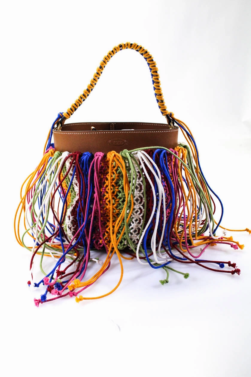 Tods Womens Mini Leather Macrame Bucket Bag Handbag Brown Mulitcolor