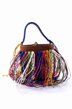 Tods Womens Mini Leather Macrame Bucket Bag Handbag Brown Mulitcolor