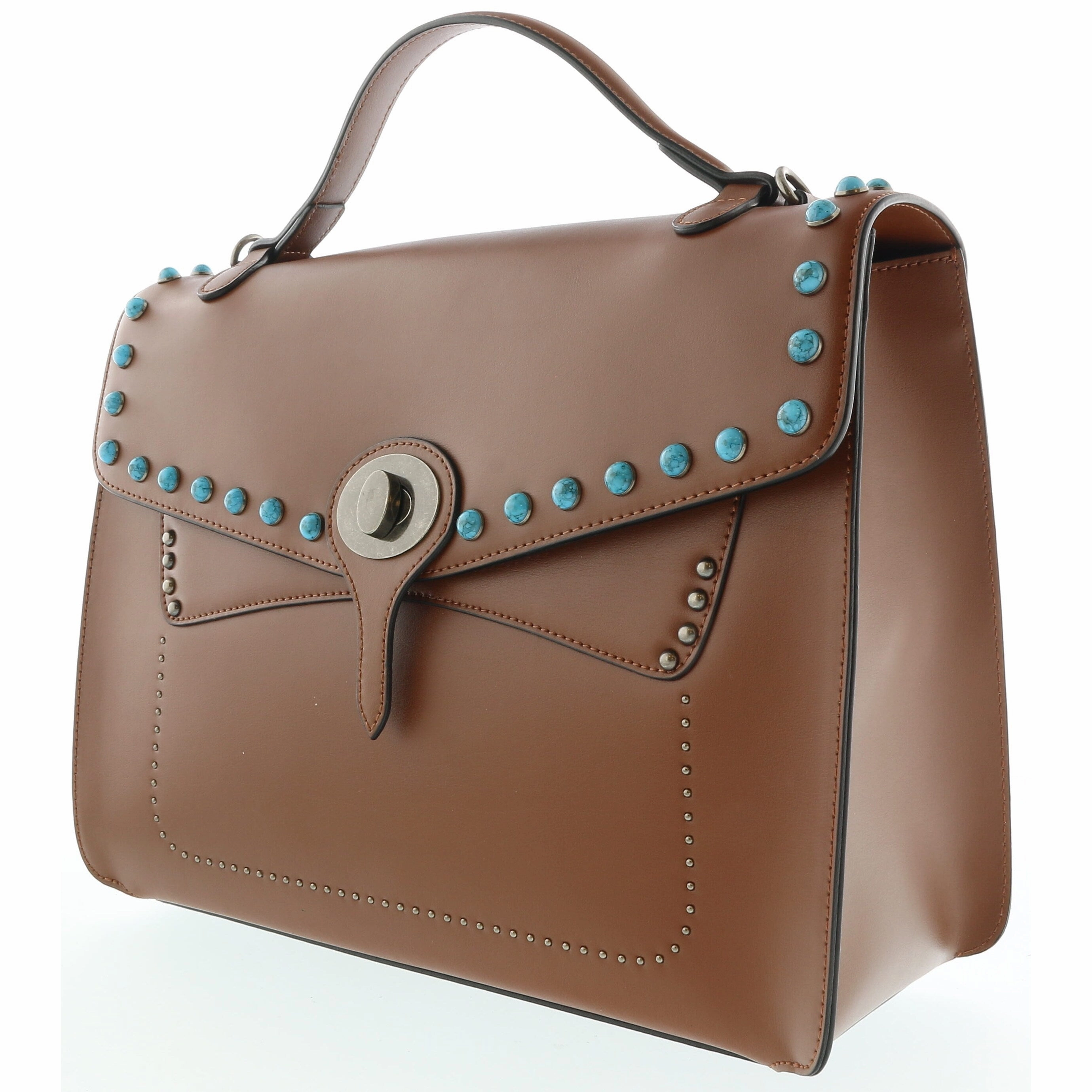 Tosca Blu Tan Small Western Inspired Beaded Flap Top Handle Bag for womens