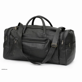 Tote Handle Adjustable Strap Lined Seven Compartment Zipper Closure Soft Black Leather Hold All Carry On Travel Bag (Brazil)