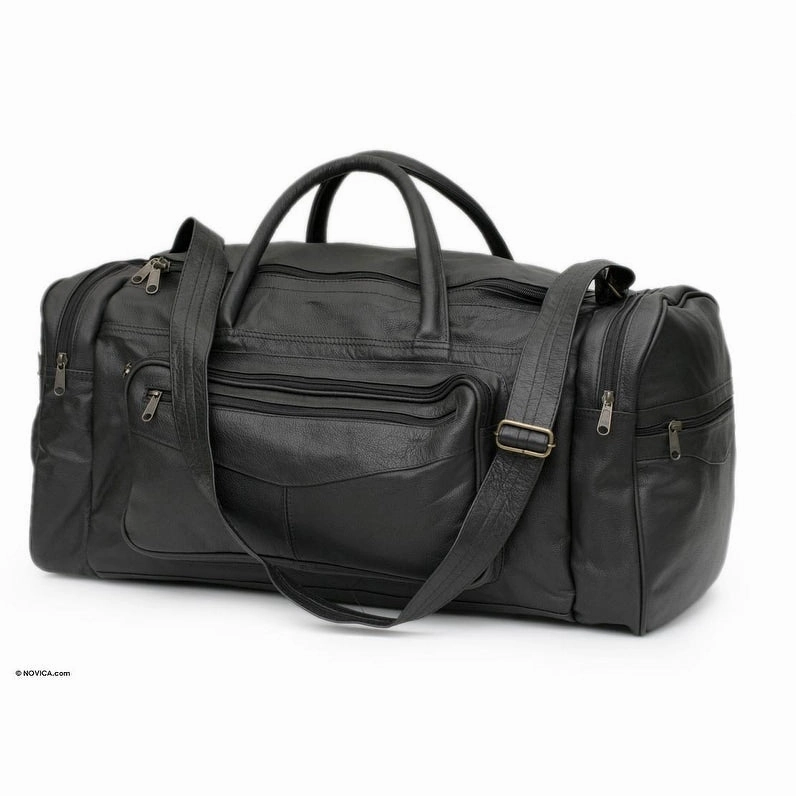Tote Handle Adjustable Strap Lined Seven Compartment Zipper Closure Soft Black Leather Hold All Carry On Travel Bag (Brazil)