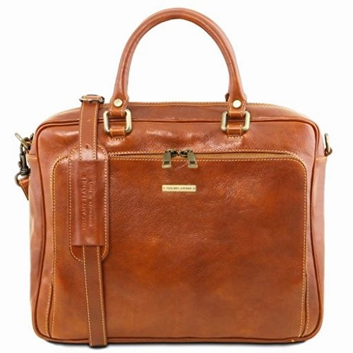 Tuscany Leather Pisa Leather Laptop Briefcase With Front Pocket Honey Leather Laptop Bags
