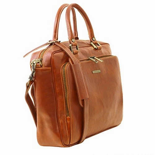 Tuscany Leather Pisa Leather Laptop Briefcase With Front Pocket Honey Leather Laptop Bags