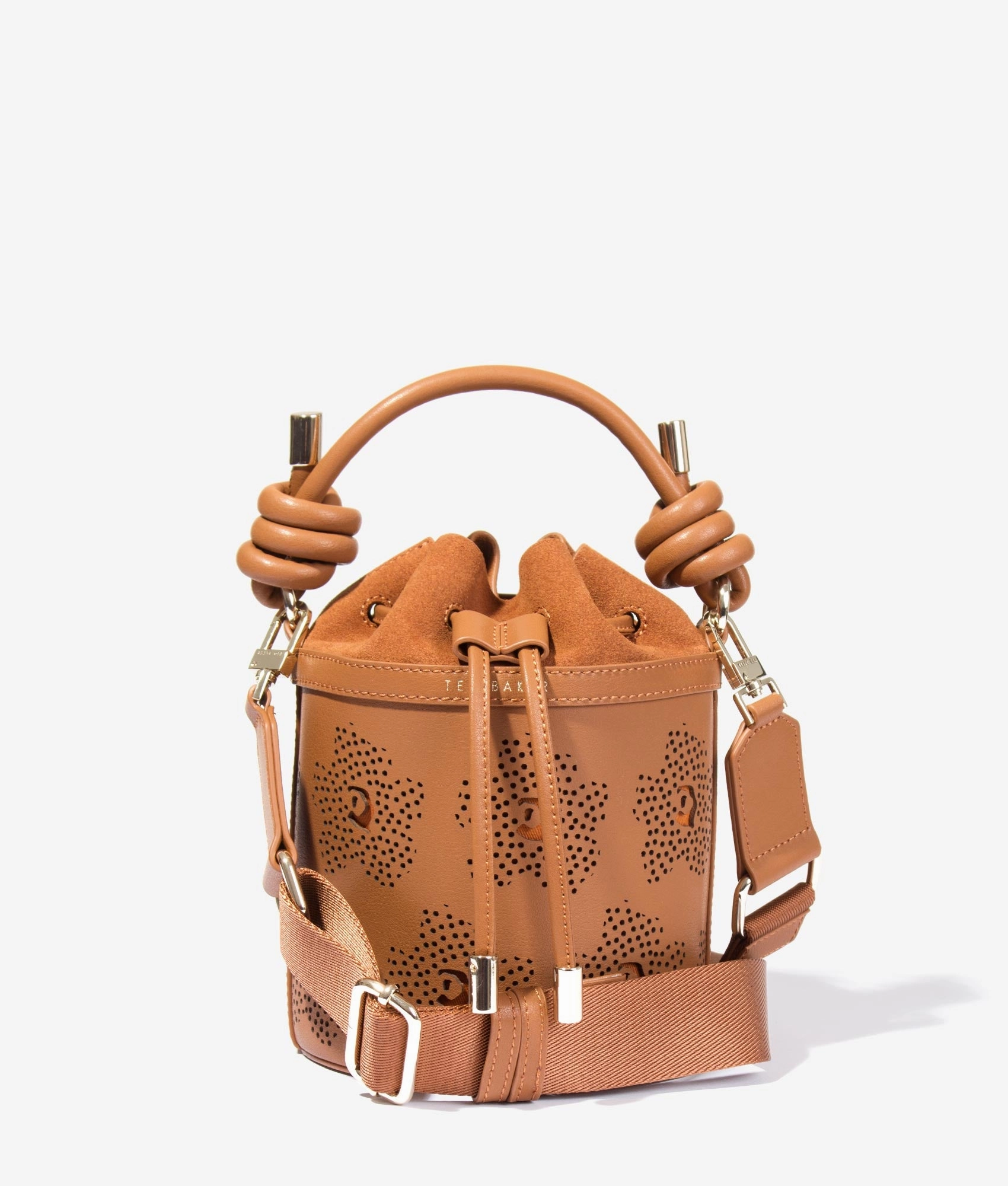 Tyahla floral laser cut bucket bag in brown