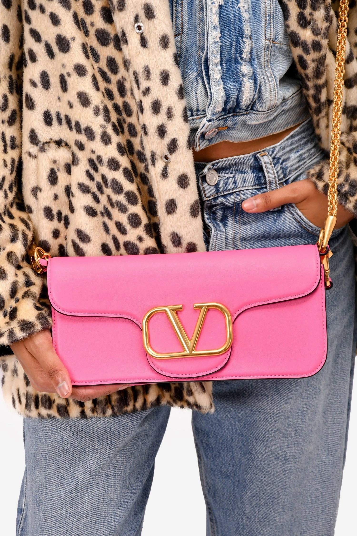 Valentino Pink Leather V Logo Shoulder Bag with Chain