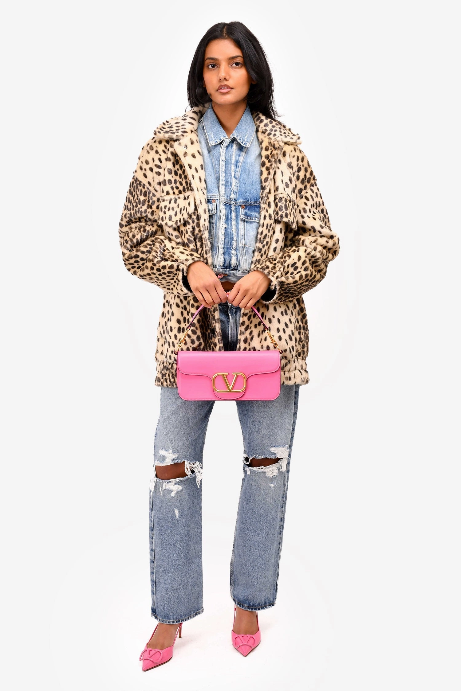 Valentino Pink Leather V Logo Shoulder Bag with Chain