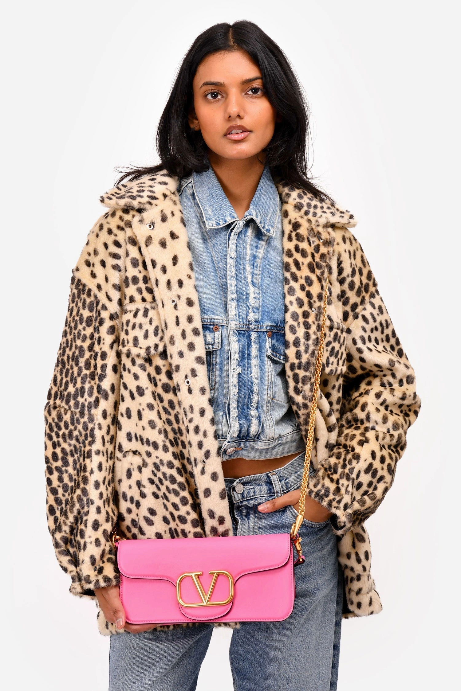 Valentino Pink Leather V Logo Shoulder Bag with Chain
