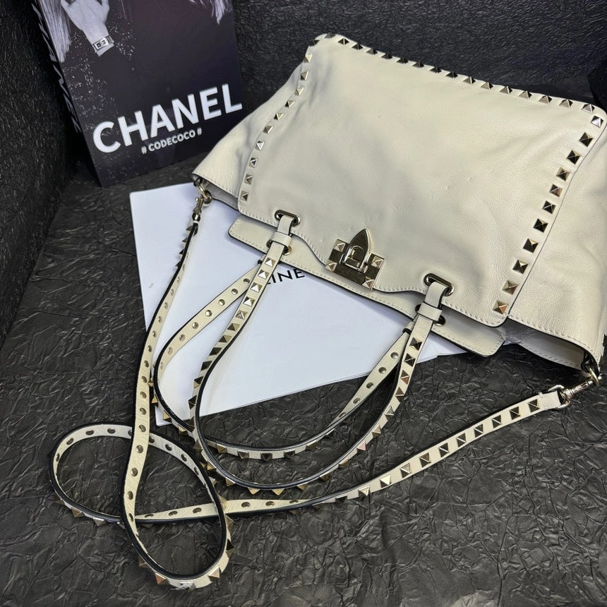 Valentino Rockstud Milky White Leather Rivet Crossbody Handbag Medium Size