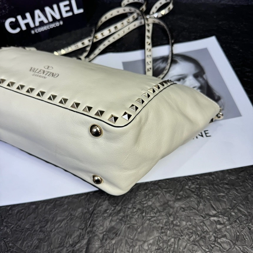 Valentino Rockstud Milky White Leather Rivet Crossbody Handbag Medium Size